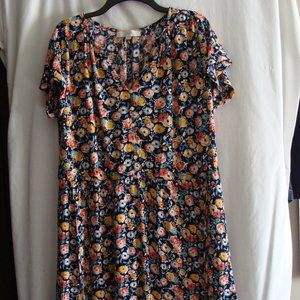LOFT Navy Floral Short-Sleeve Dress